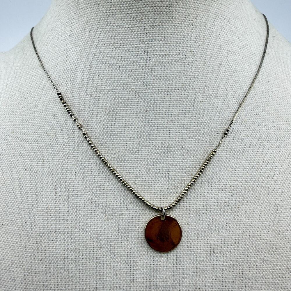 Silver Tone Disc Pendant Necklace Dainty Beaded Chain Minimalist Layering Chic
